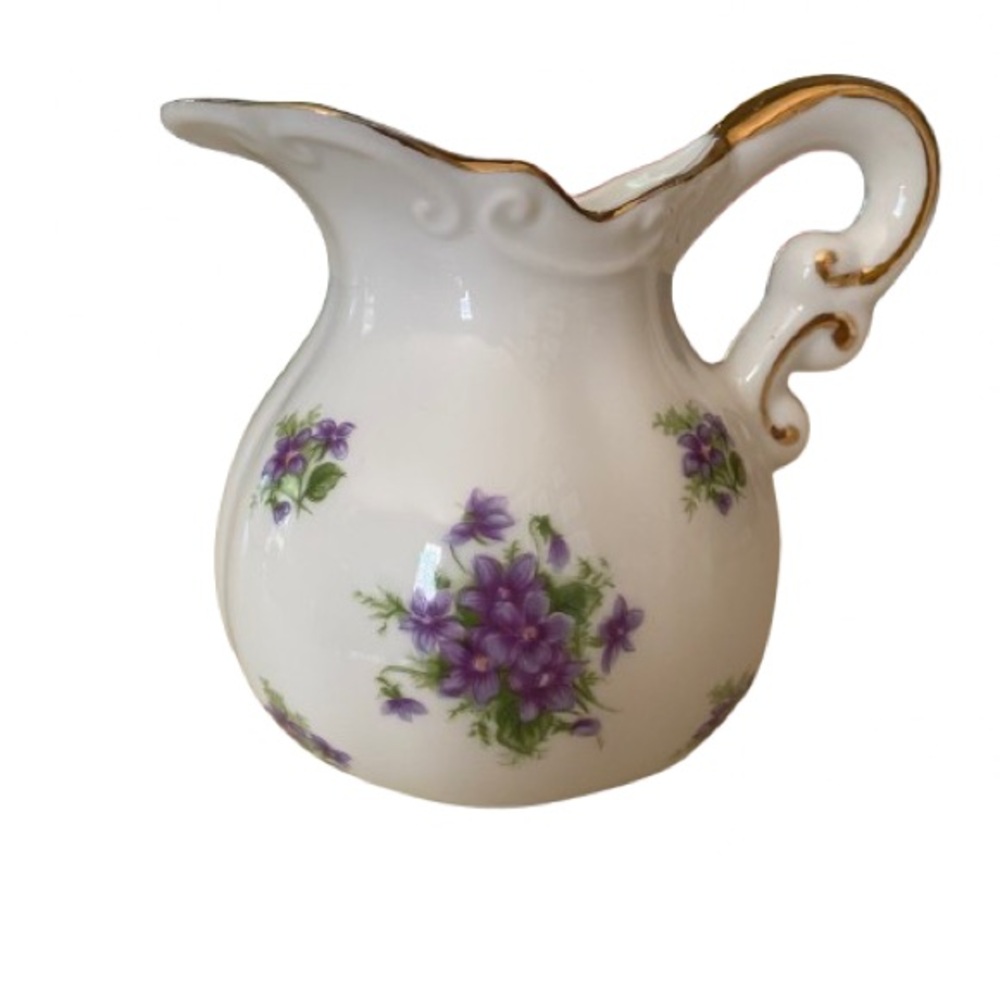 Vintage Lefton 1967 Pitcher CreamerWhite and Purple Floral with Gold Trim 3.5”